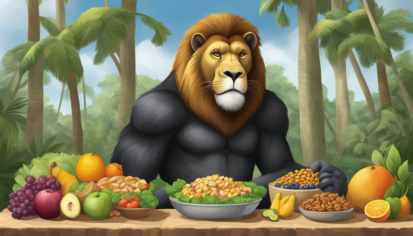 A lion and a gorilla sit side by side, each with their respective diet laid out before them. The lion's meal consists of raw meat, while the gorilla's meal is comprised of fruits, vegetables, and nuts