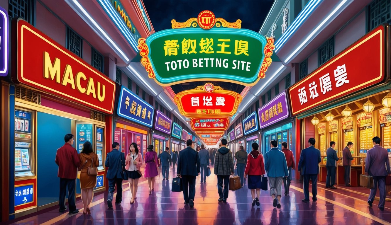 Sebuah jalan yang ramai di Macau dengan tanda-tanda berwarna-warni dan orang-orang yang memasuki situs taruhan toto tepercaya