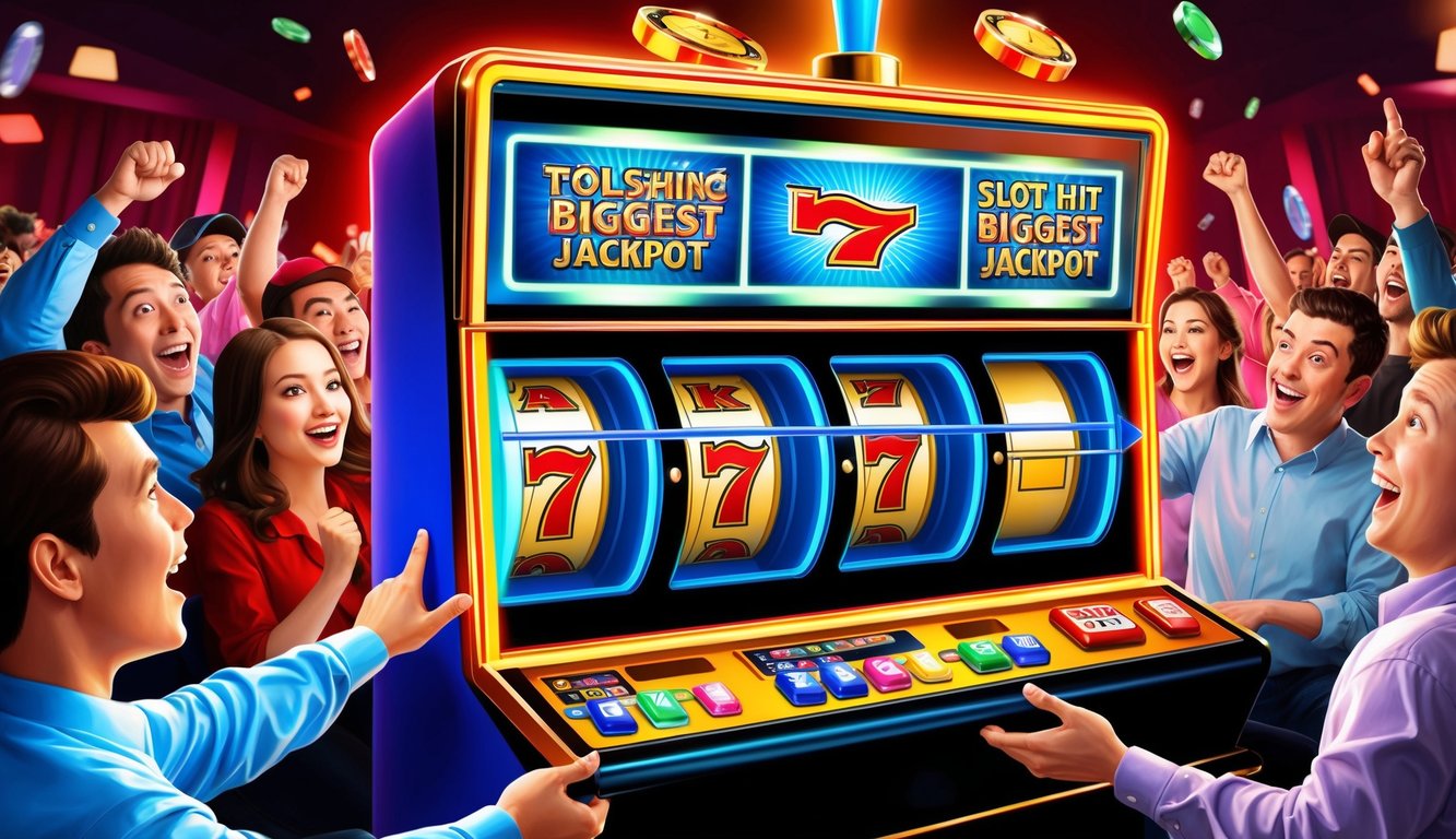 Sebuah mesin slot berwarna-warni dengan lampu berkedip dan gulungan berputar, dikelilingi oleh pemain yang bersemangat berharap untuk mendapatkan jackpot terbesar