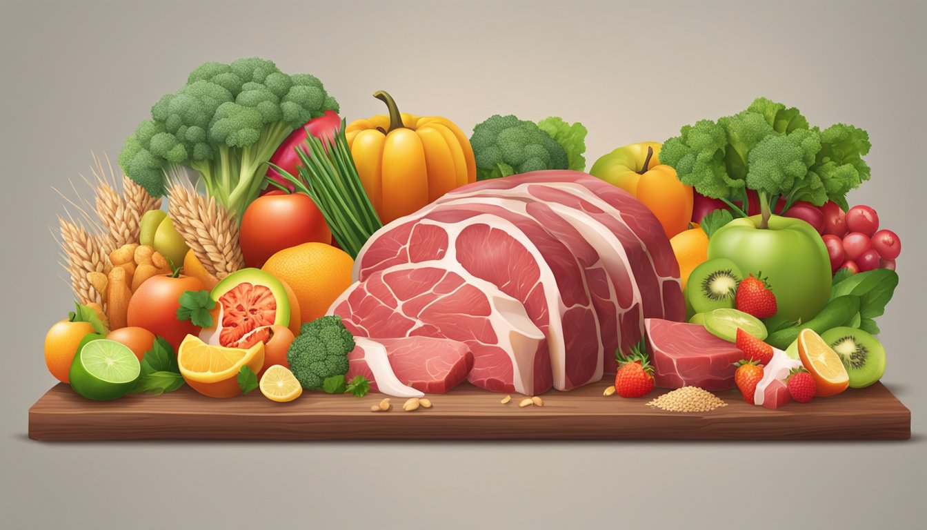 A table split in half, one side piled with raw meat and bones, the other with colorful fruits, vegetables, and whole grains