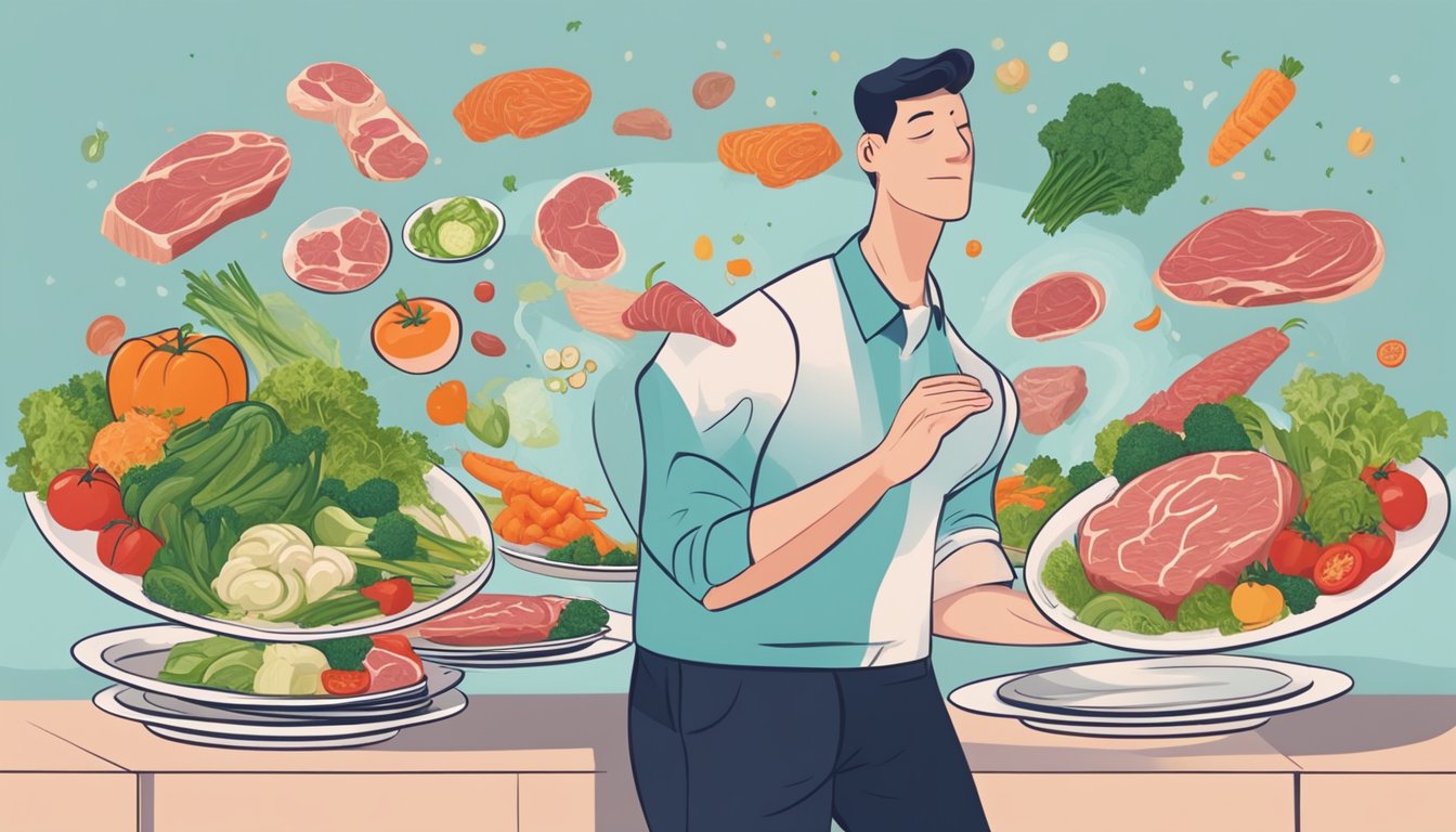 A person choosing between a plate of raw meat and a plate of vegetables, with conflicting thoughts and emotions swirling around them