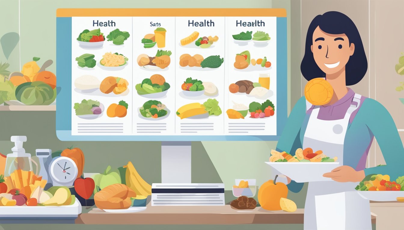 Two contrasting diet plans displayed side by side, surrounded by various food items and a scale. A nutritionist gestures towards the options, while a chart with health statistics hangs in the background