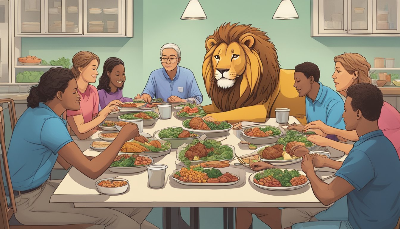 A lion and a group of people sitting at a table with two different meal plans laid out in front of them. The lion is feasting on raw meat while the people are eating a balanced meal from the Mayo Clinic diet