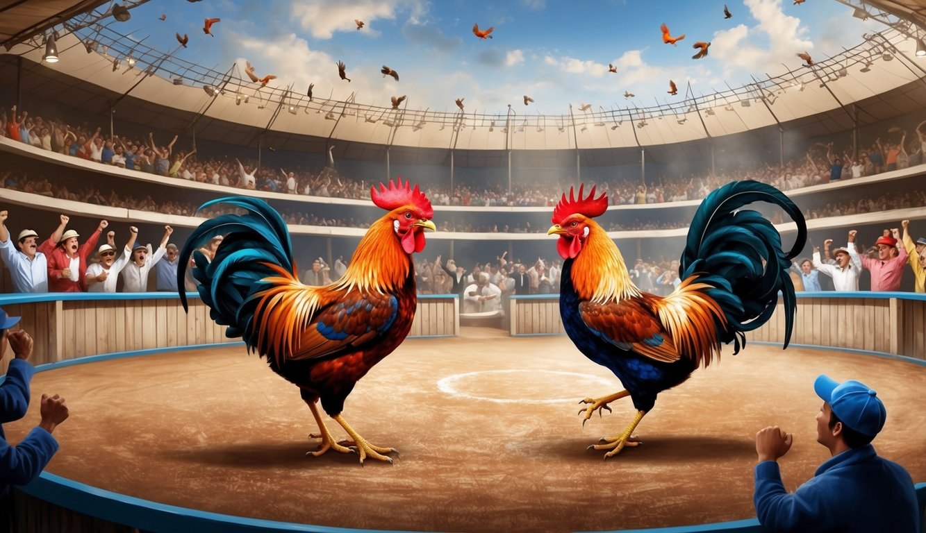 Sebuah arena sabung ayam yang ramai dengan penonton yang bersorak dan dua ayam jantan yang garang terlibat dalam pertarungan