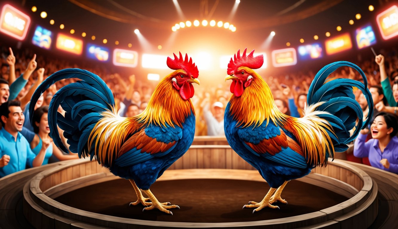 Dua ayam jantan berhadapan di arena sabung ayam online yang ramai, dikelilingi oleh penonton yang bersorak dan tampilan digital yang cerah