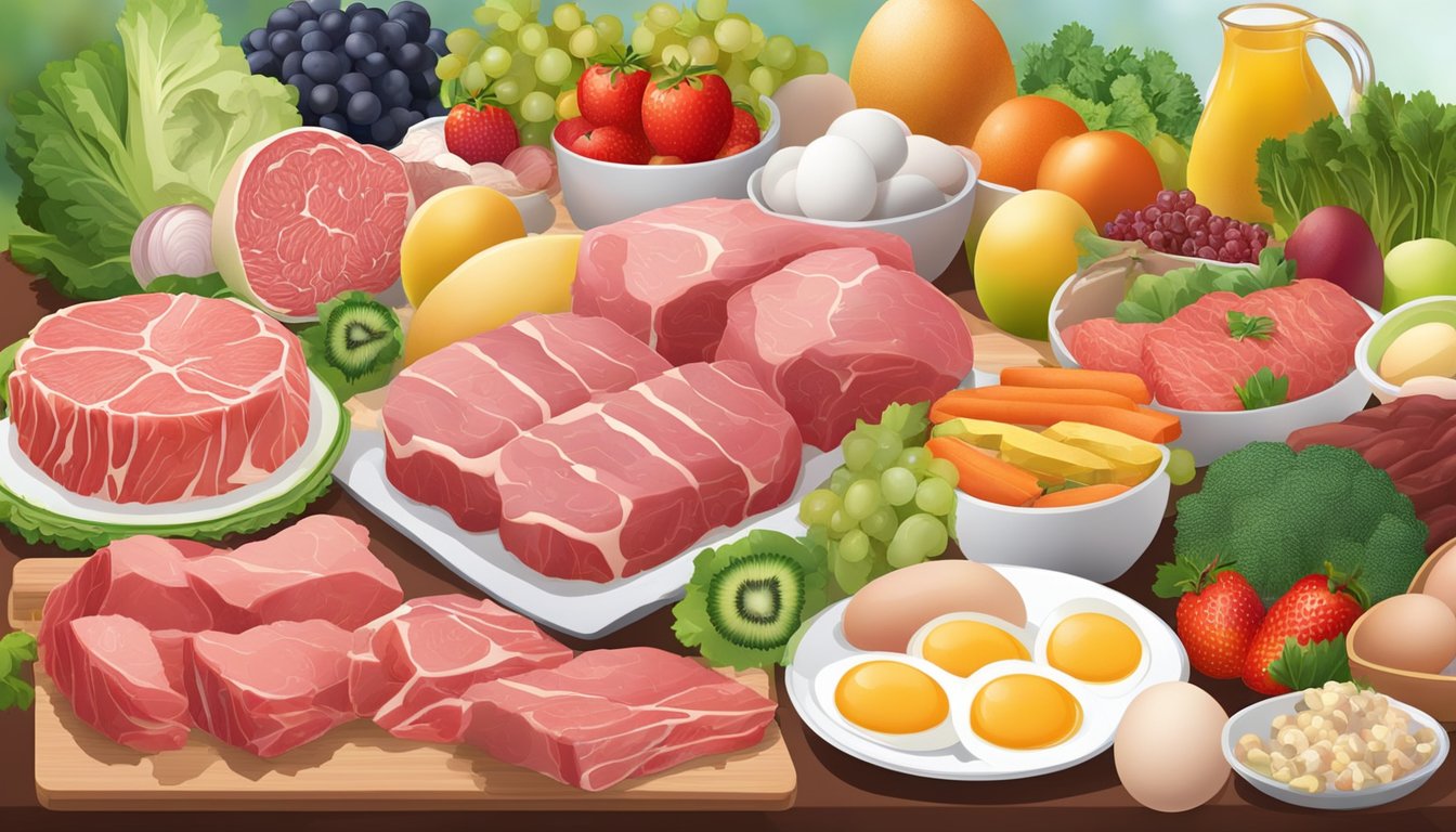 A table with raw meat, eggs, and animal products on one side, and a variety of fruits, vegetables, and lean meats on the other