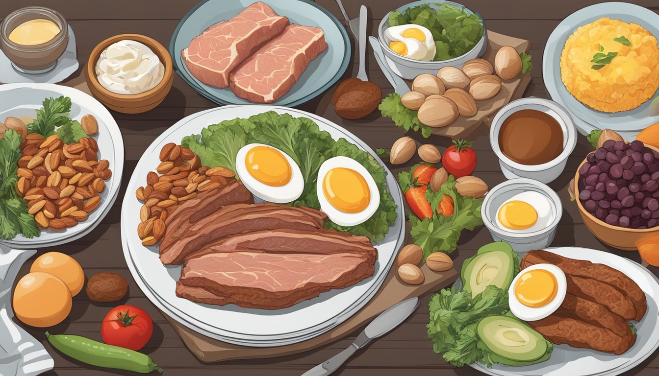 A table filled with lean meats, eggs, and vegetables, with a plate of fruits and nuts on the side