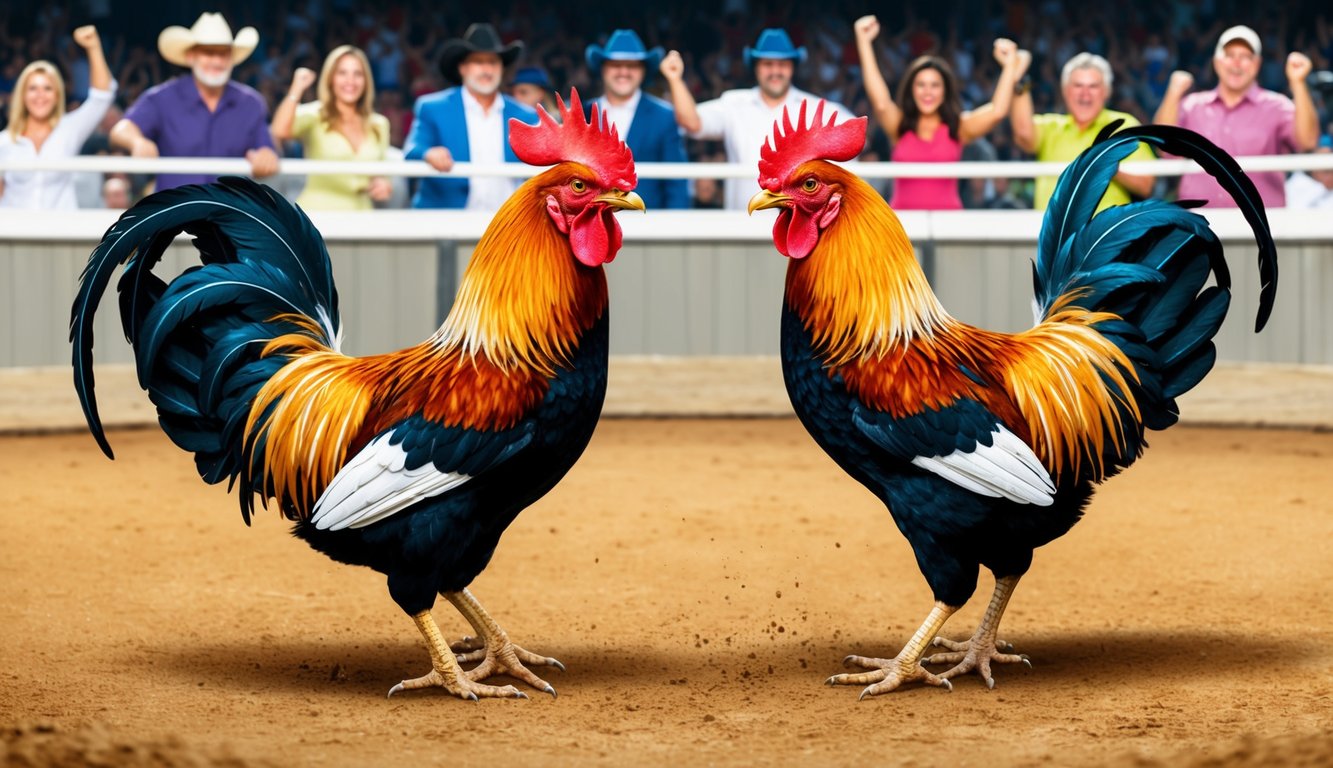 Dua ayam jantan berhadapan di arena tanah, bulu-bulu mengembang, paruh terbuka dalam sikap agresif, dikelilingi oleh penonton yang bersorak.