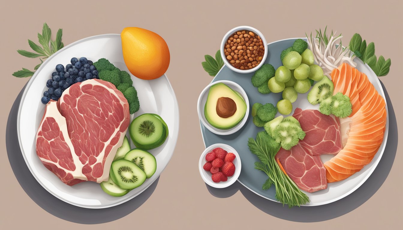 A carnivore diet with raw meat and bones vs the Scarsdale diet with fruits and vegetables displayed on separate plates