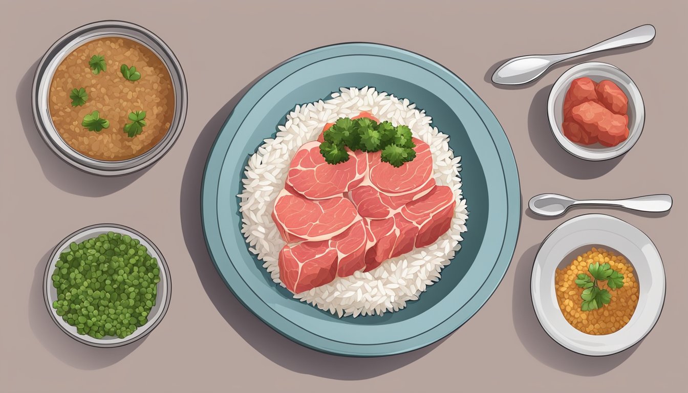 A table with a plate of raw meat on one side and a bowl of cooked rice on the other, with a scale in the middle