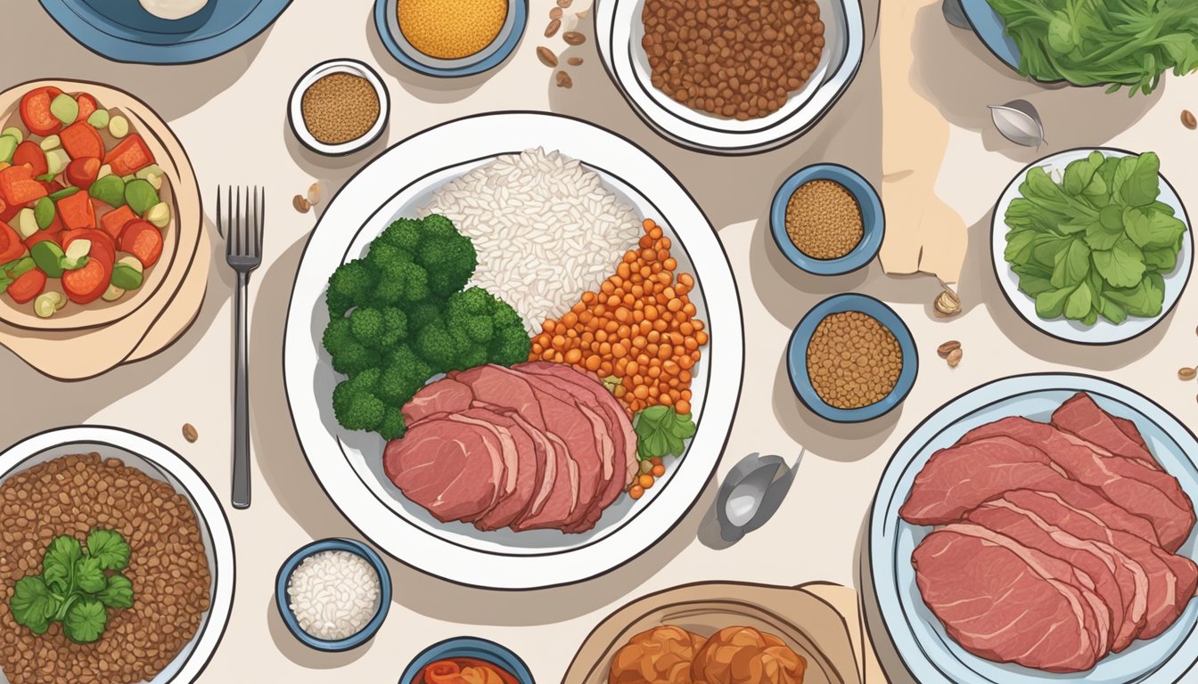 A table set with raw meat and vegetables on one side, and rice and grains on the other. A person pondering their meal options