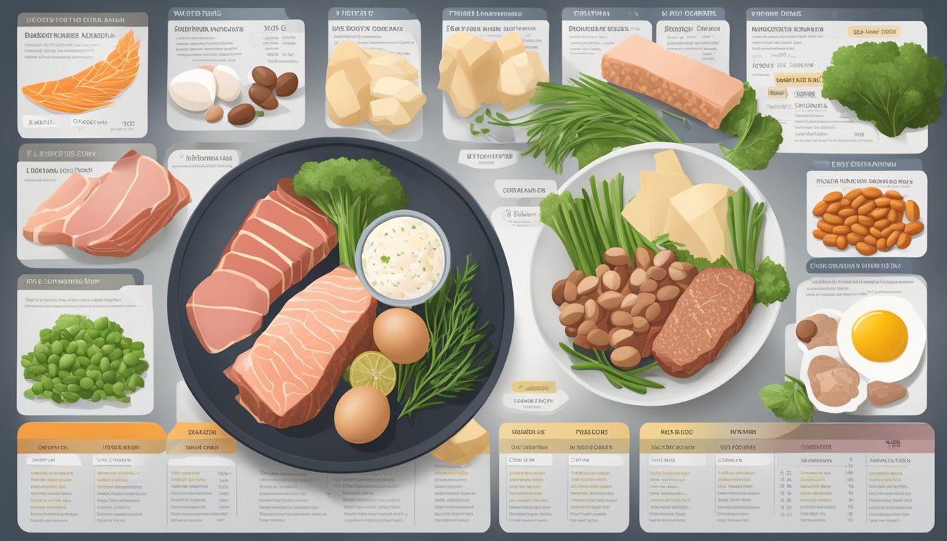 A carnivore diet: meat, fish, eggs. A protein power diet: lean meats, tofu, legumes. Displayed side by side with nutritional information labels