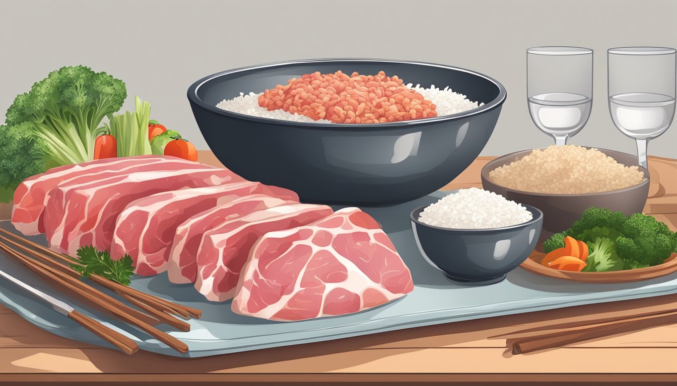 A table with a plate of raw meat and bones on one side, and a bowl of rice and vegetables on the other