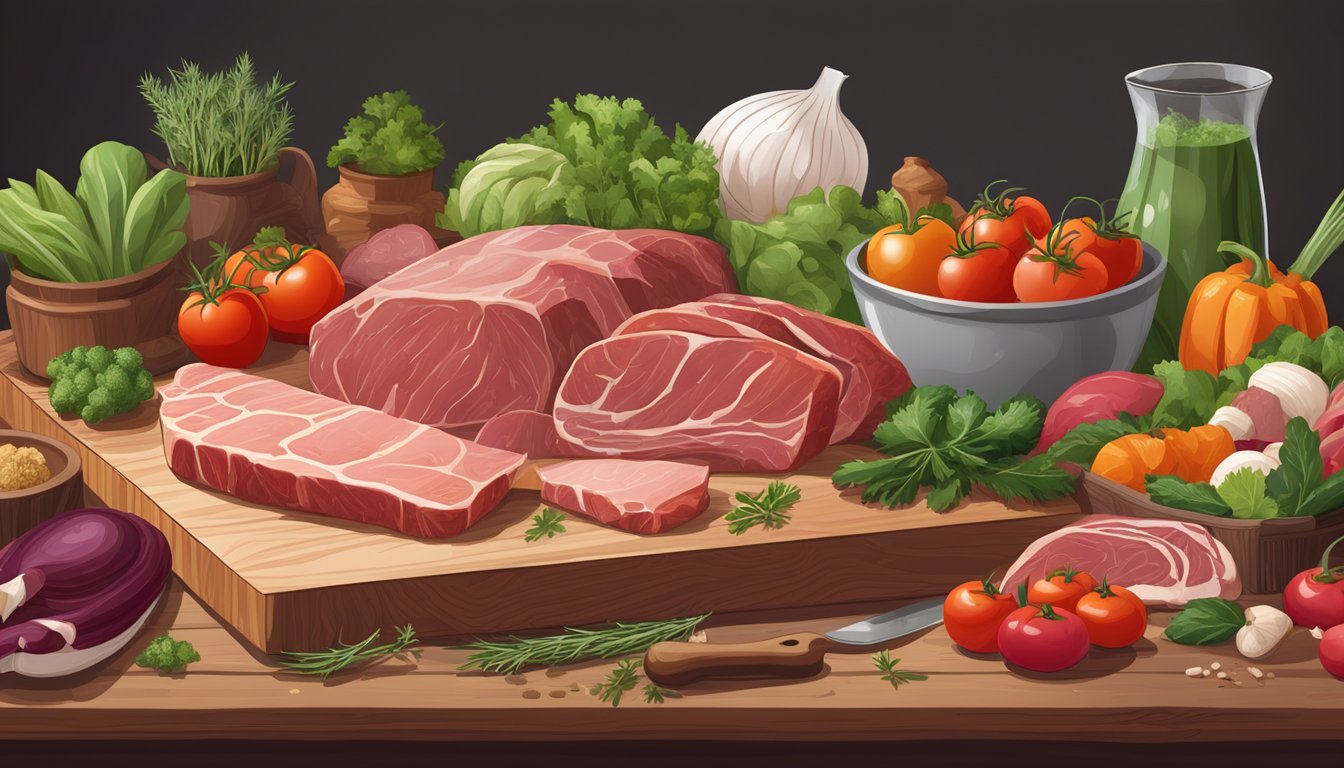 A carnivore diet scene: A variety of raw meats and animal products displayed on a wooden cutting board, surrounded by fresh vegetables and herbs