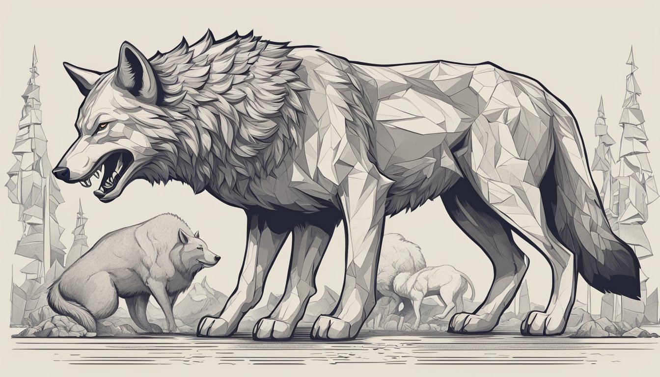 A snarling wolf stands on one side, while a muscular bull stands on the other, both surrounded by symbols of their respective diets