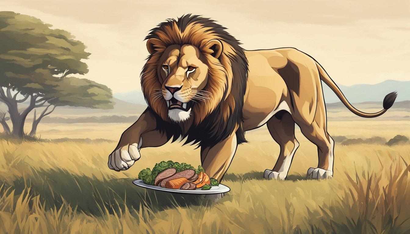 A lion prowling through the savanna, hunting for its next meal, represents the carnivore diet. A weightlifter with a plate of lean meats and vegetables symbolizes the protein power diet