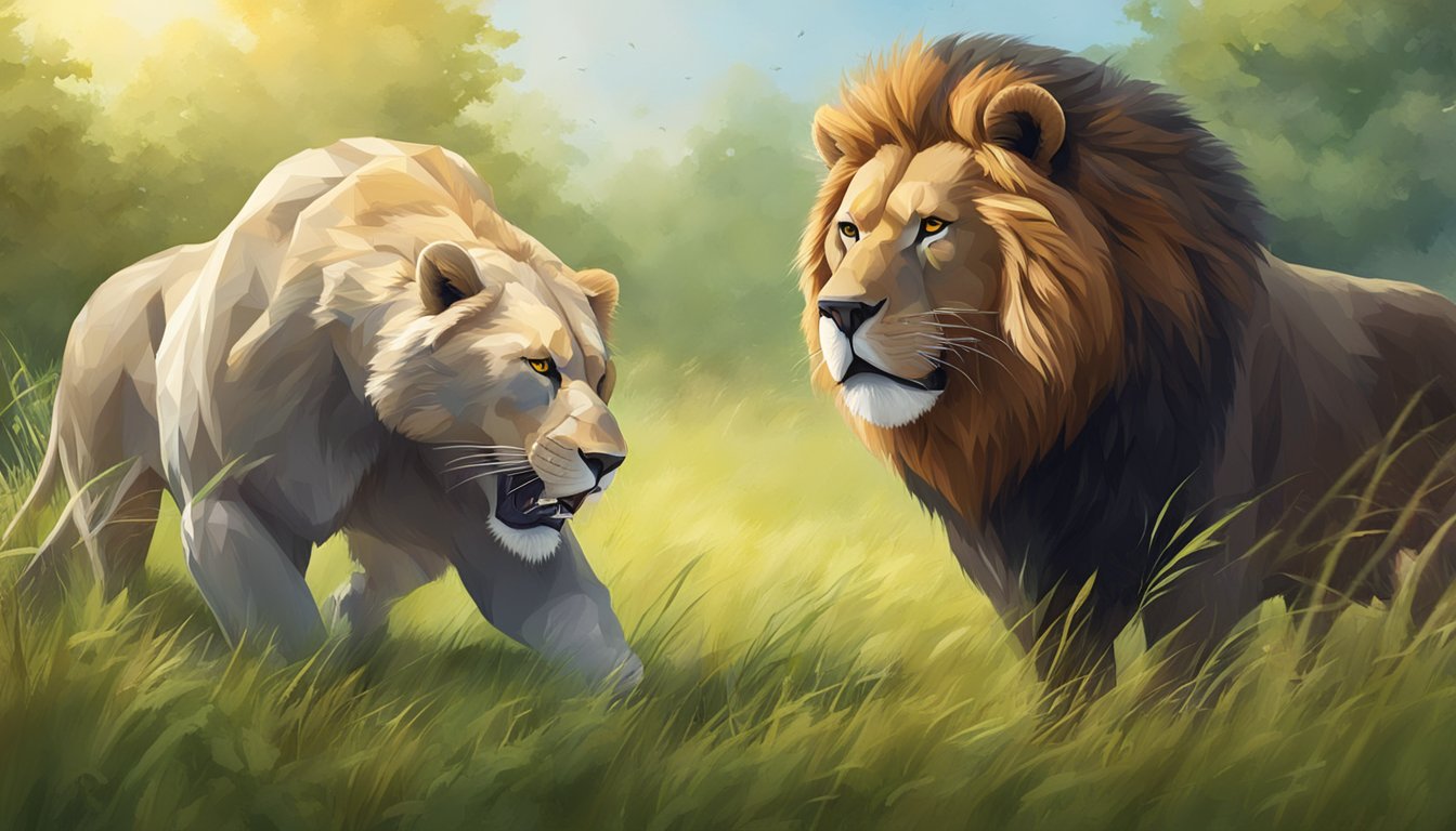 A fierce lion and a strong bear face off in a grassy clearing, representing the carnivore diet and the protein power diet, respectively