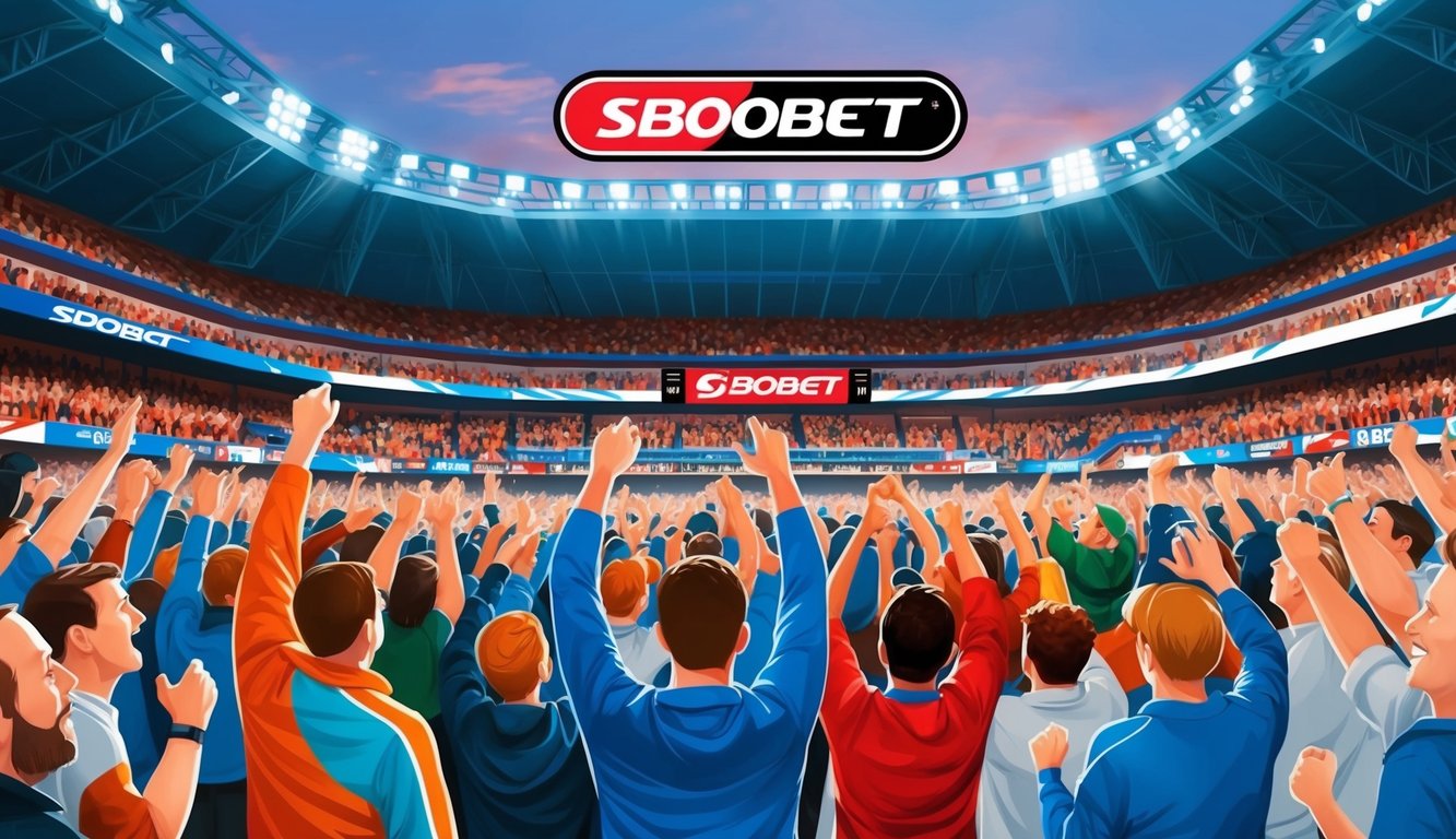 Sebuah stadion yang ramai dengan penggemar yang bersorak dan papan skor yang menampilkan logo Sbobet