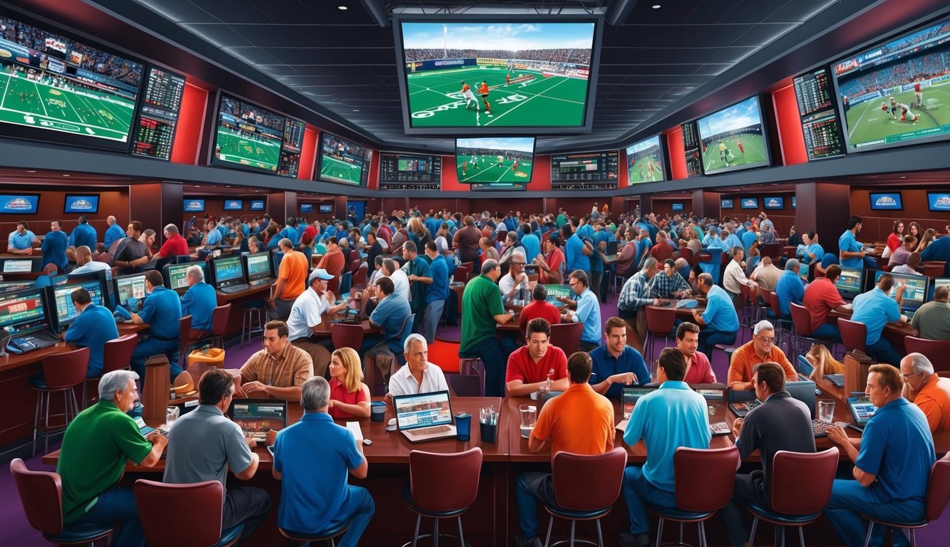 Sebuah sportsbook yang ramai dengan orang-orang yang memasang taruhan dan menonton pertandingan di layar besar