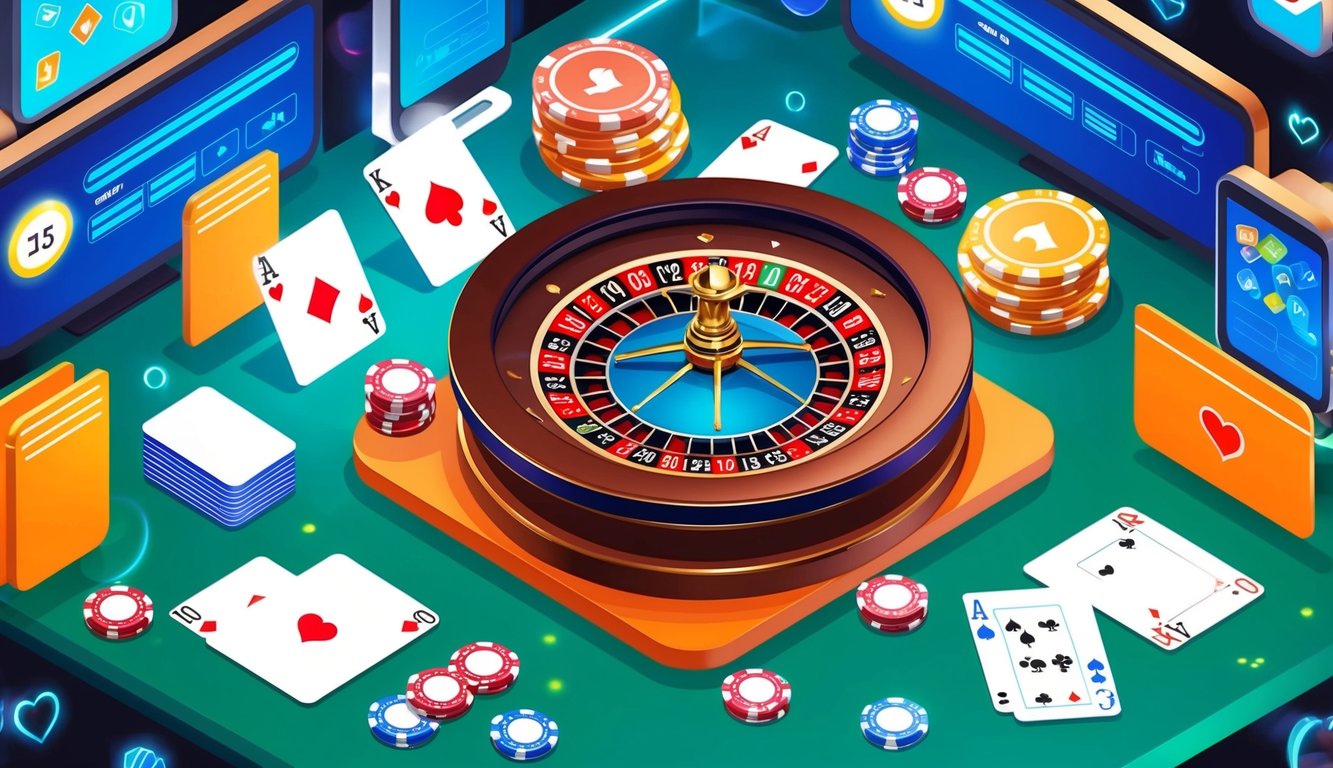 Sebuah suasana kasino online yang hidup dengan meja virtual, kartu, dan roda roulette, dikelilingi oleh layar digital dan atmosfer yang meriah