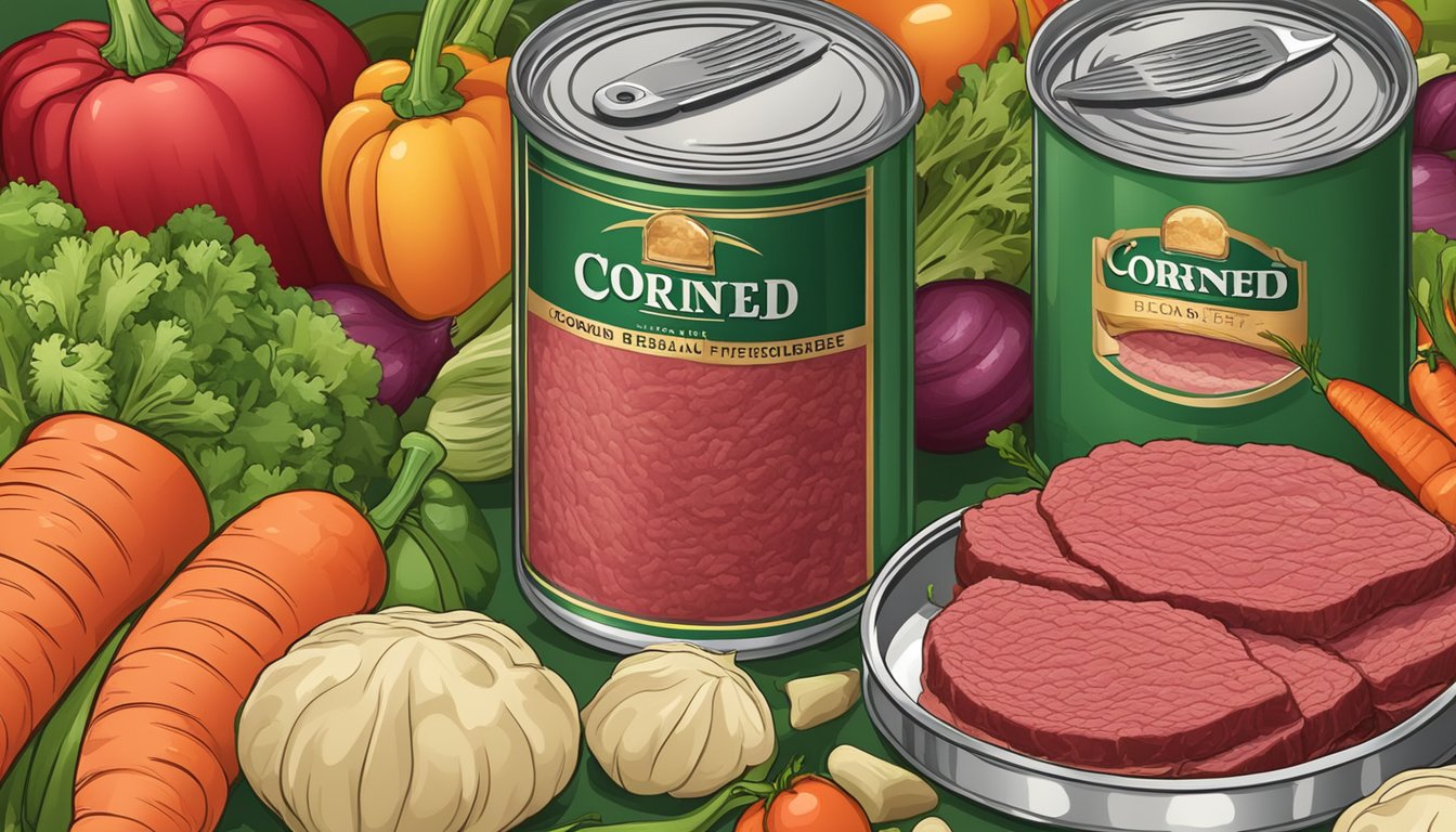 A can of corned beef surrounded by fresh vegetables and a knife