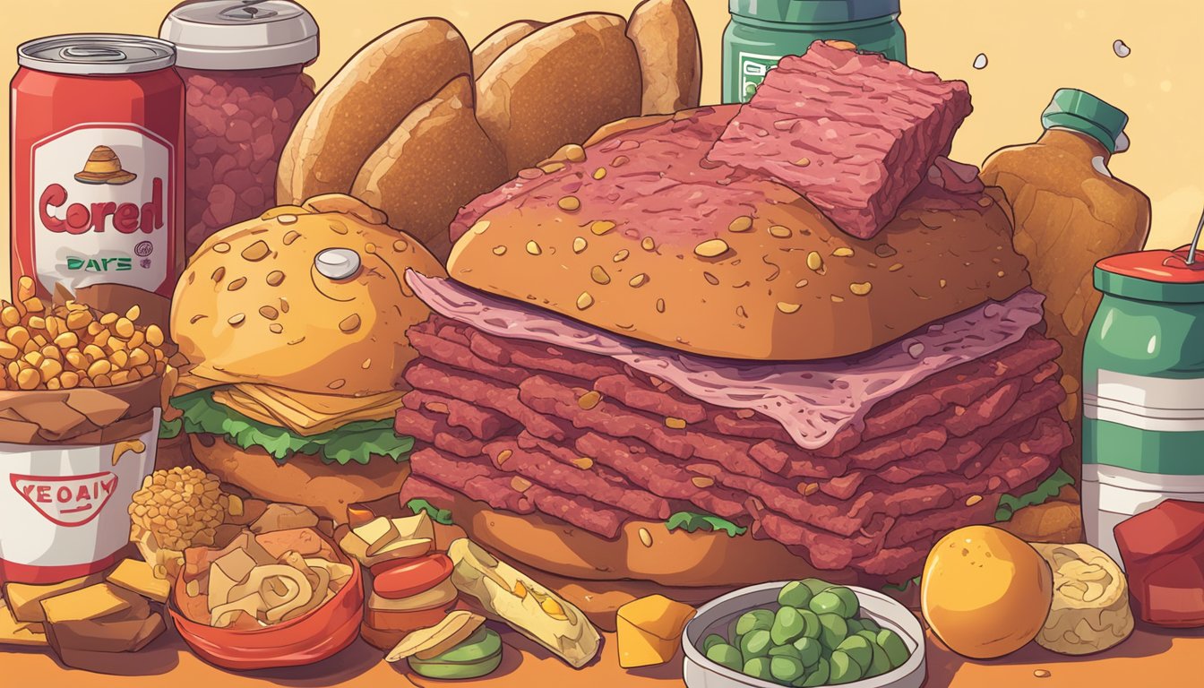 A pile of corned beef surrounded by various unhealthy food items, with a red warning sign and a sad face emoji hovering above it