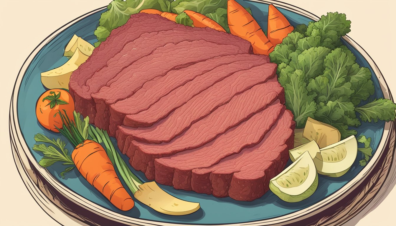 A plate of corned beef surrounded by vegetables, depicting a carnivore diet