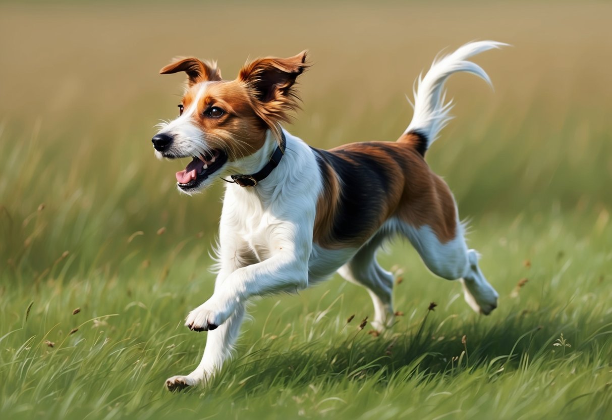 A Border Terrier dog running through a grassy field, with its ears flopping and tail wagging