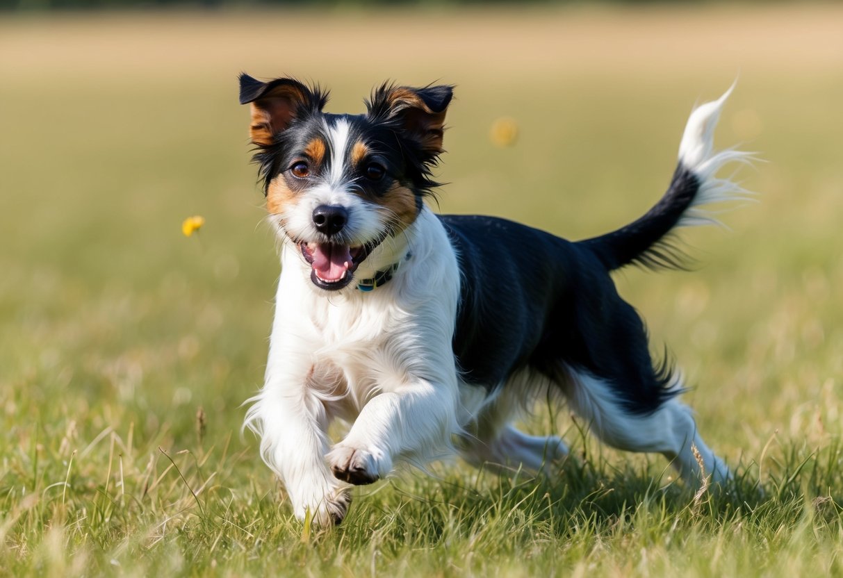 A Border Terrier dog playing in a sunny field with a happy expression