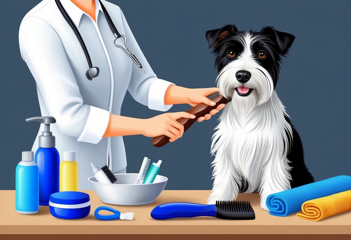 A Border Terrier dog being groomed, with a brush in hand and a table full of grooming supplies