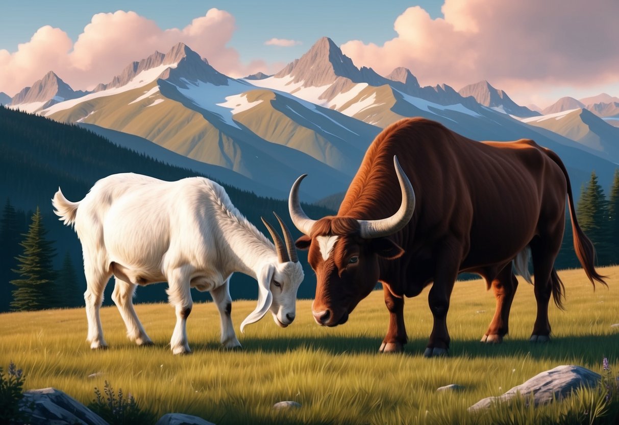 A serene mountain landscape with a sturdy goat and a tranquil bull grazing peacefully side by side