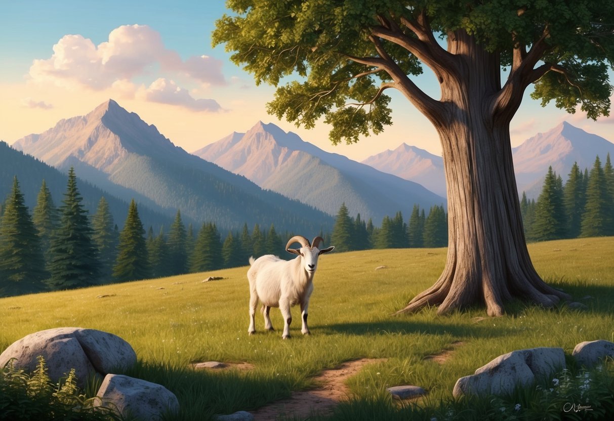 A serene mountain landscape with a sturdy, old oak tree and a patient goat grazing nearby