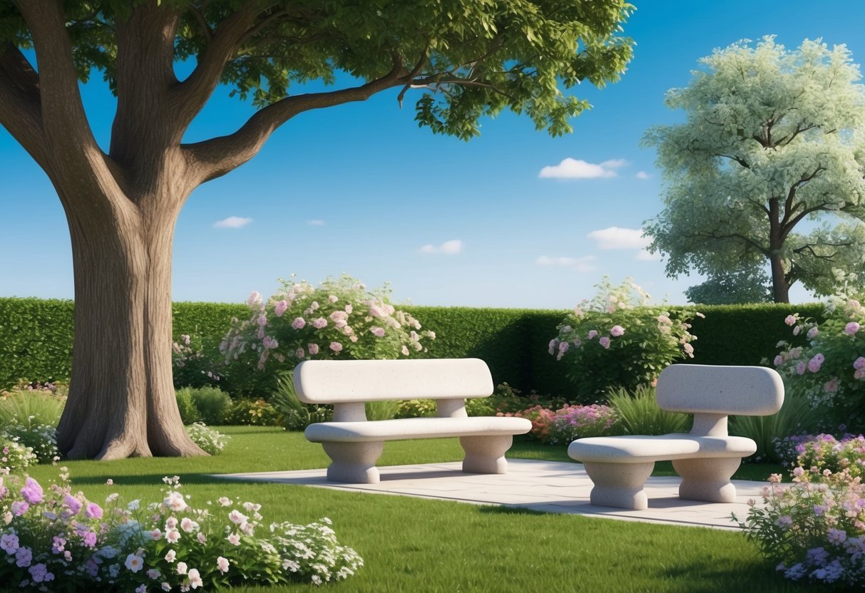 A serene garden with a sturdy oak tree and a reliable stone bench, surrounded by blooming flowers under a clear blue sky