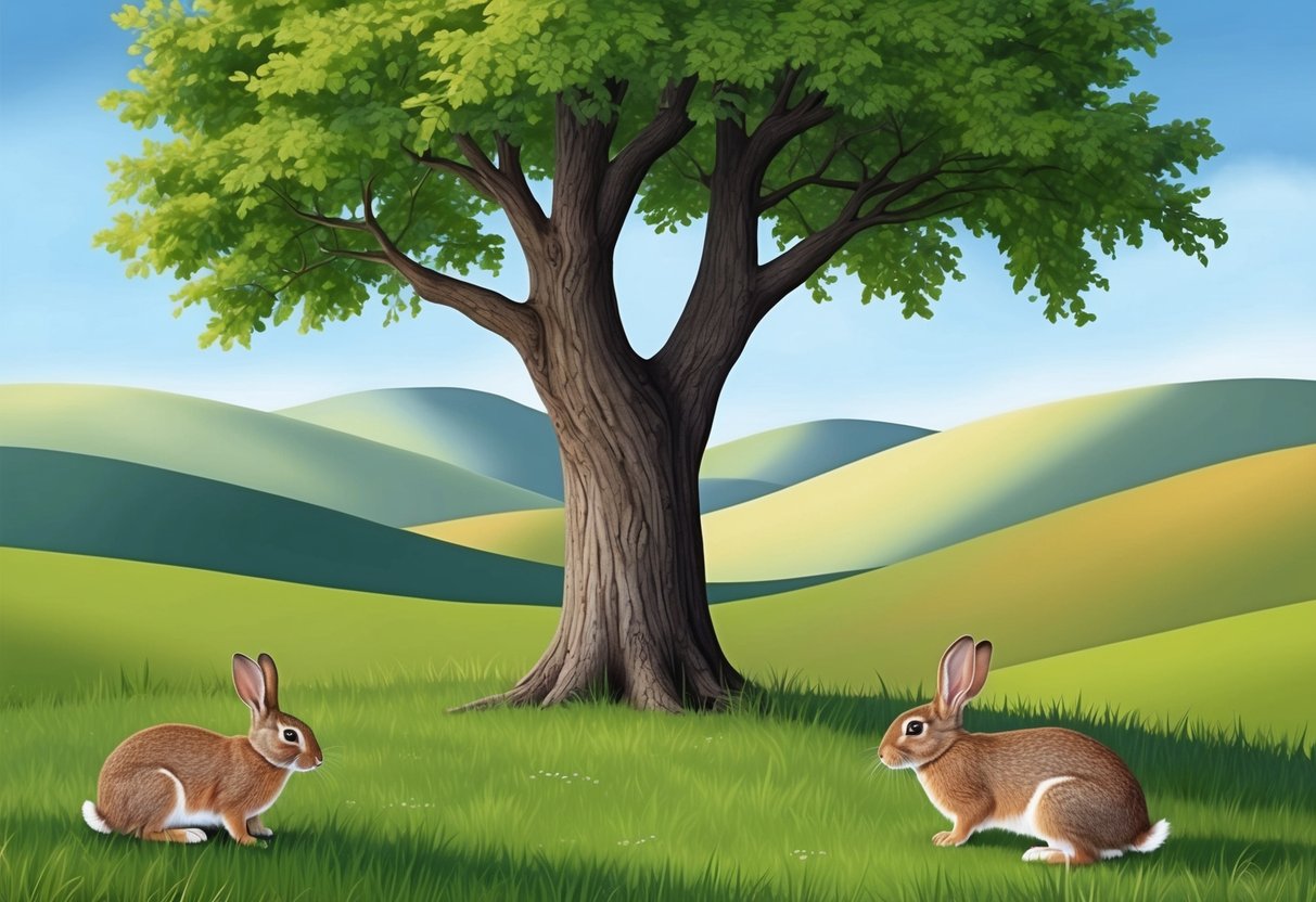 A sturdy oak tree stands against a backdrop of rolling hills, while a pair of rabbits nibble on grass nearby