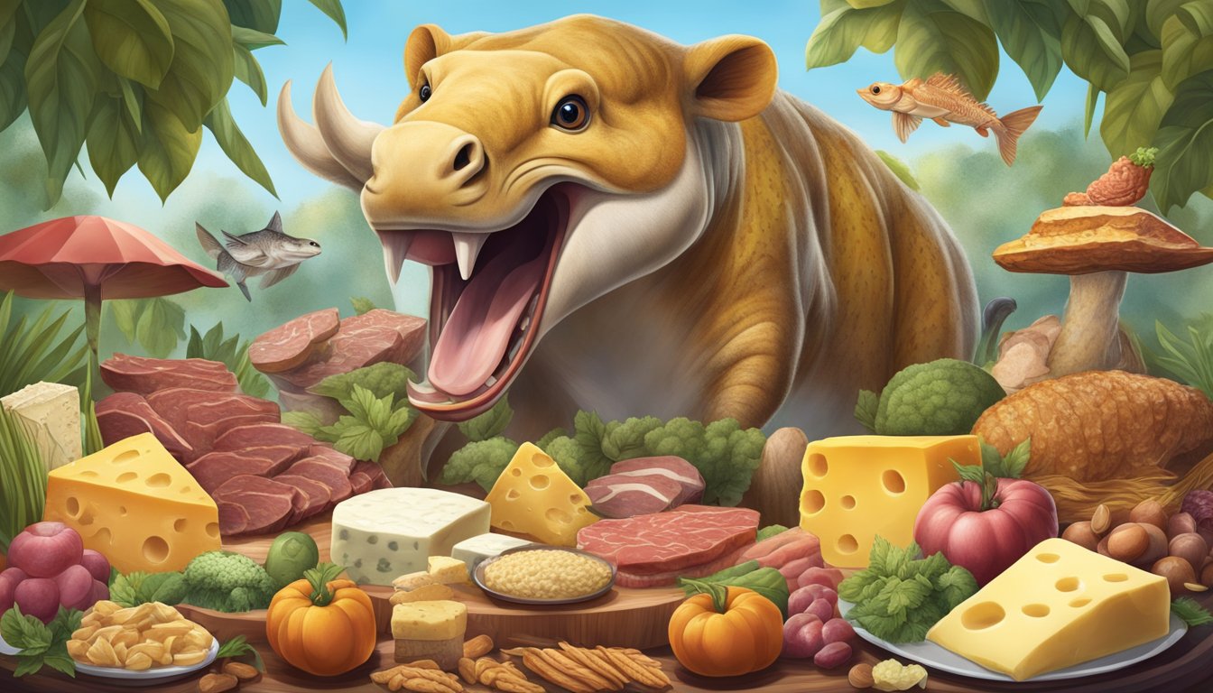 A carnivorous animal surrounded by a variety of butyrate-rich foods, such as butter, cheese, and meat, with a focused and curious expression