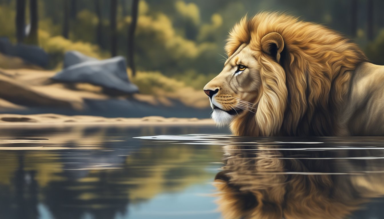 A lion confidently gazes at its reflection in a clear, still pond, capturing the essence of narcissism and the predatory nature of a carnivore diet