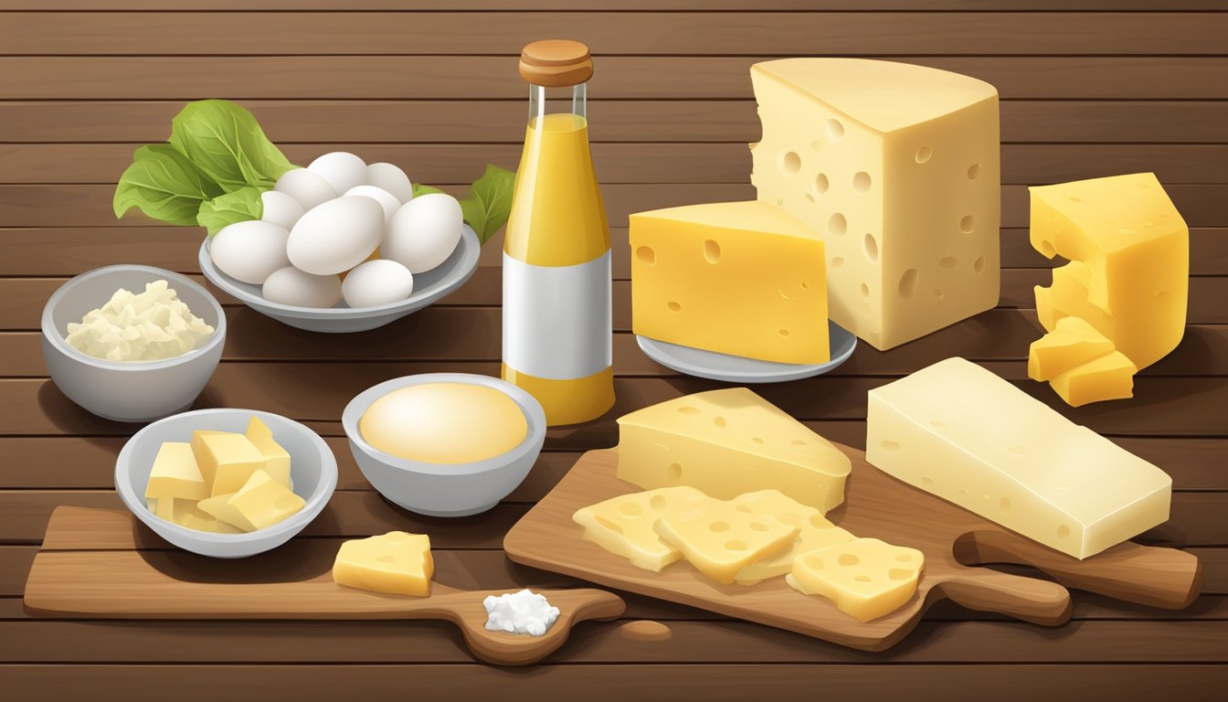 A variety of butyrate-rich foods, such as butter, cheese, and eggs, arranged on a wooden cutting board