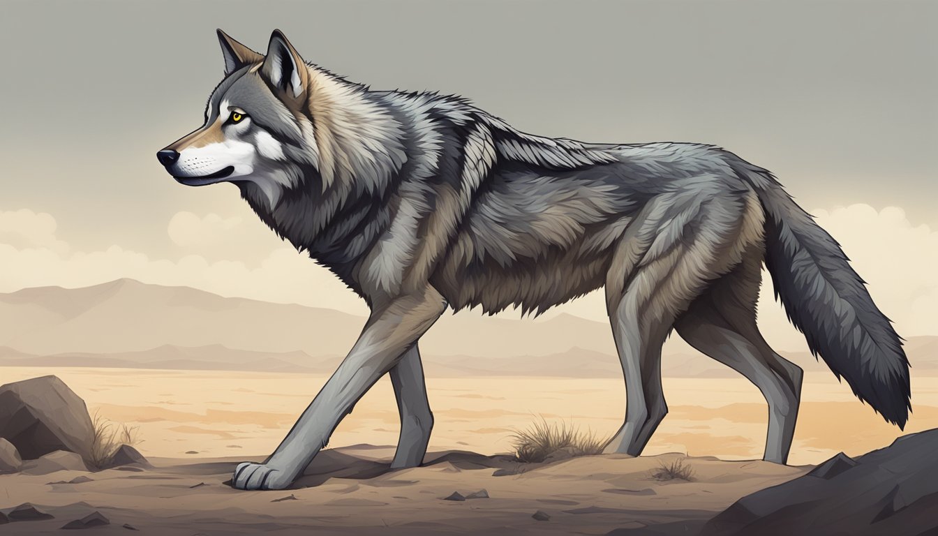 A lone wolf standing proudly amidst a barren landscape, with bones scattered around and a fierce gaze