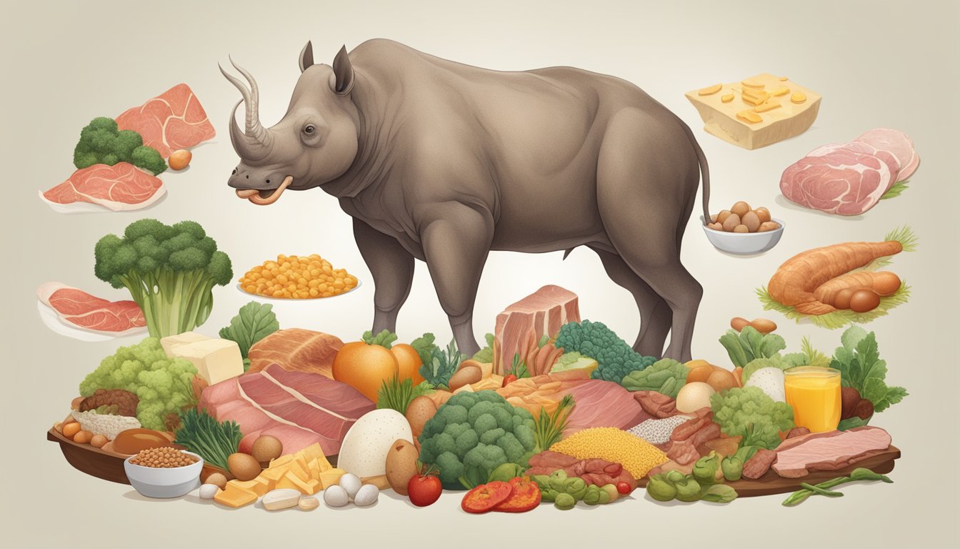 A carnivorous animal surrounded by a variety of butyrate-rich foods such as meat, cheese, and eggs, with a focus on the digestive system and microbiome