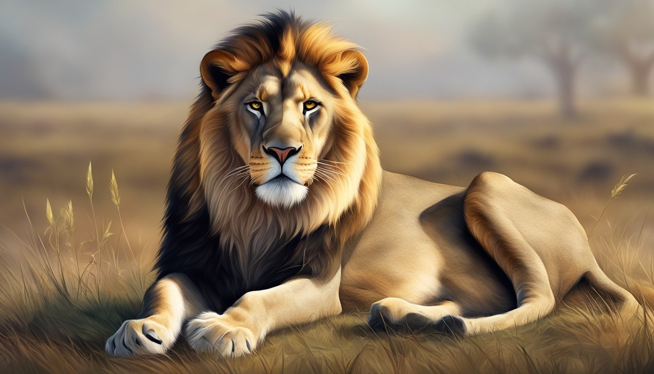 A lion sitting majestically on a grassy plain, surrounded by the remnants of a recent kill, with a confident and self-absorbed expression on its face