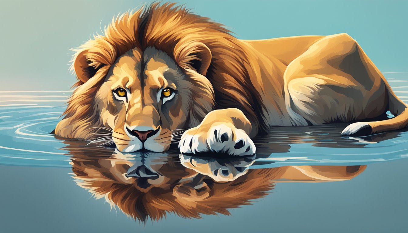 A lion surrounded by raw meat, gazing at its reflection in a pool of water