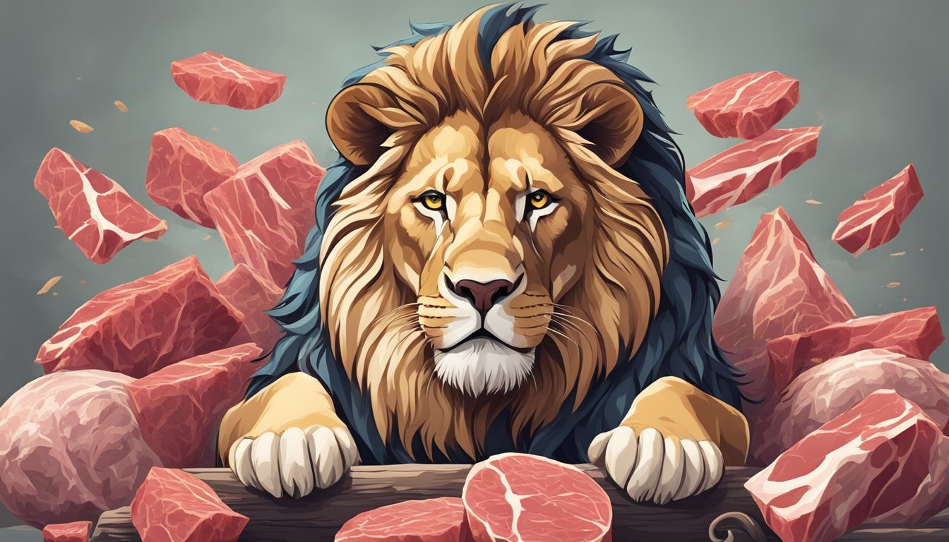 A lion with a regal stance, surrounded by raw meat and bones, with a self-satisfied expression