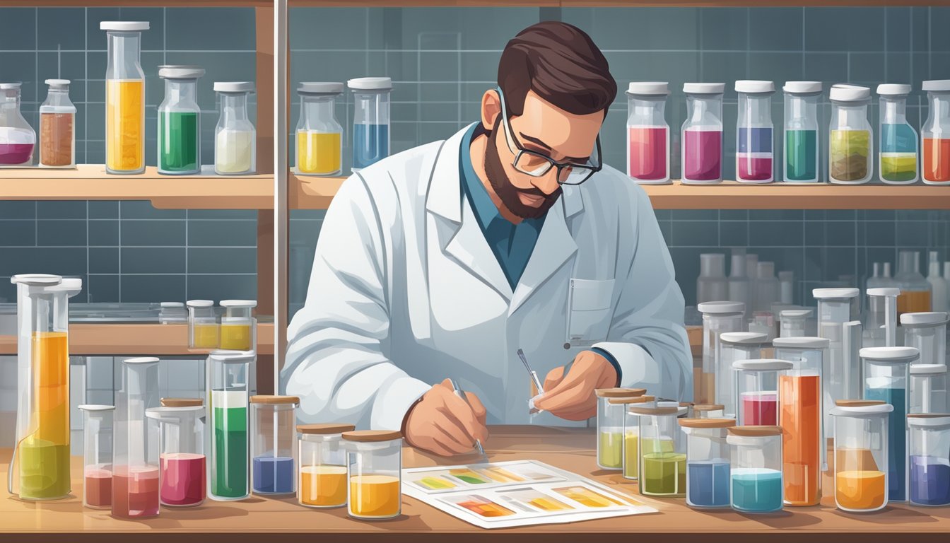 A lab technician processes vials of blood and urine for the Dutch Complete Hormone Panel, surrounded by nutrient charts and scientific equipment