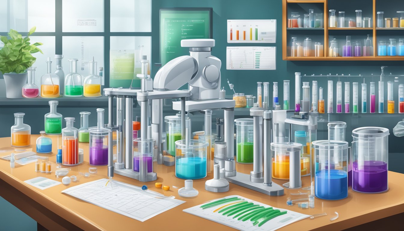 A laboratory table with test tubes and vials labeled with hormone names and nutrient symbols, surrounded by scientific equipment and charts