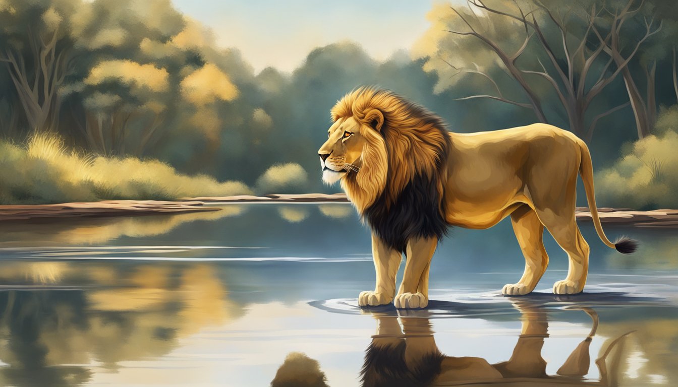 A lion proudly gazes at its reflection in a clear pool, its powerful muscles rippling beneath its golden coat