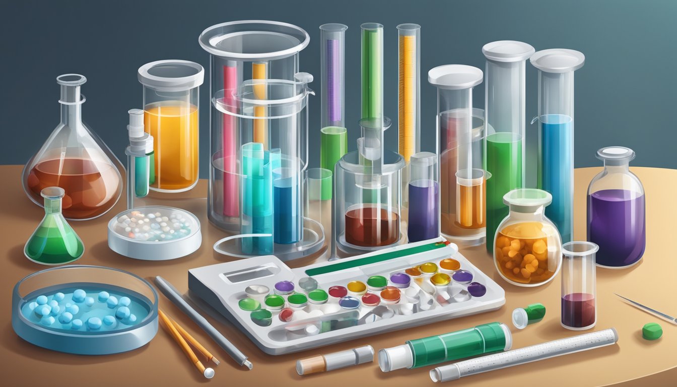 A laboratory table with test tubes, vials, and scientific equipment for analyzing biomarkers and health indicators for carnivores