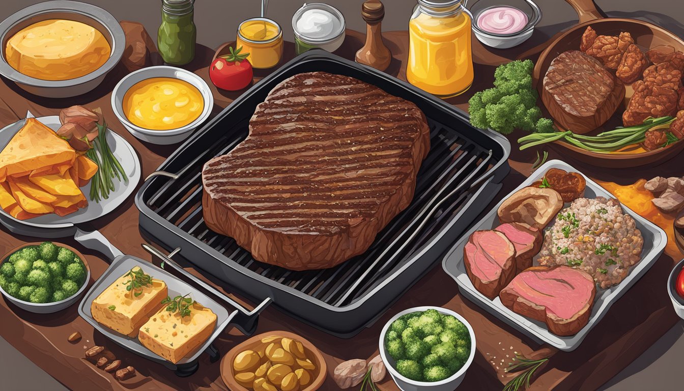 A sizzling steak cooks on a hot grill, surrounded by sizzling ghee and a variety of fresh, raw meats