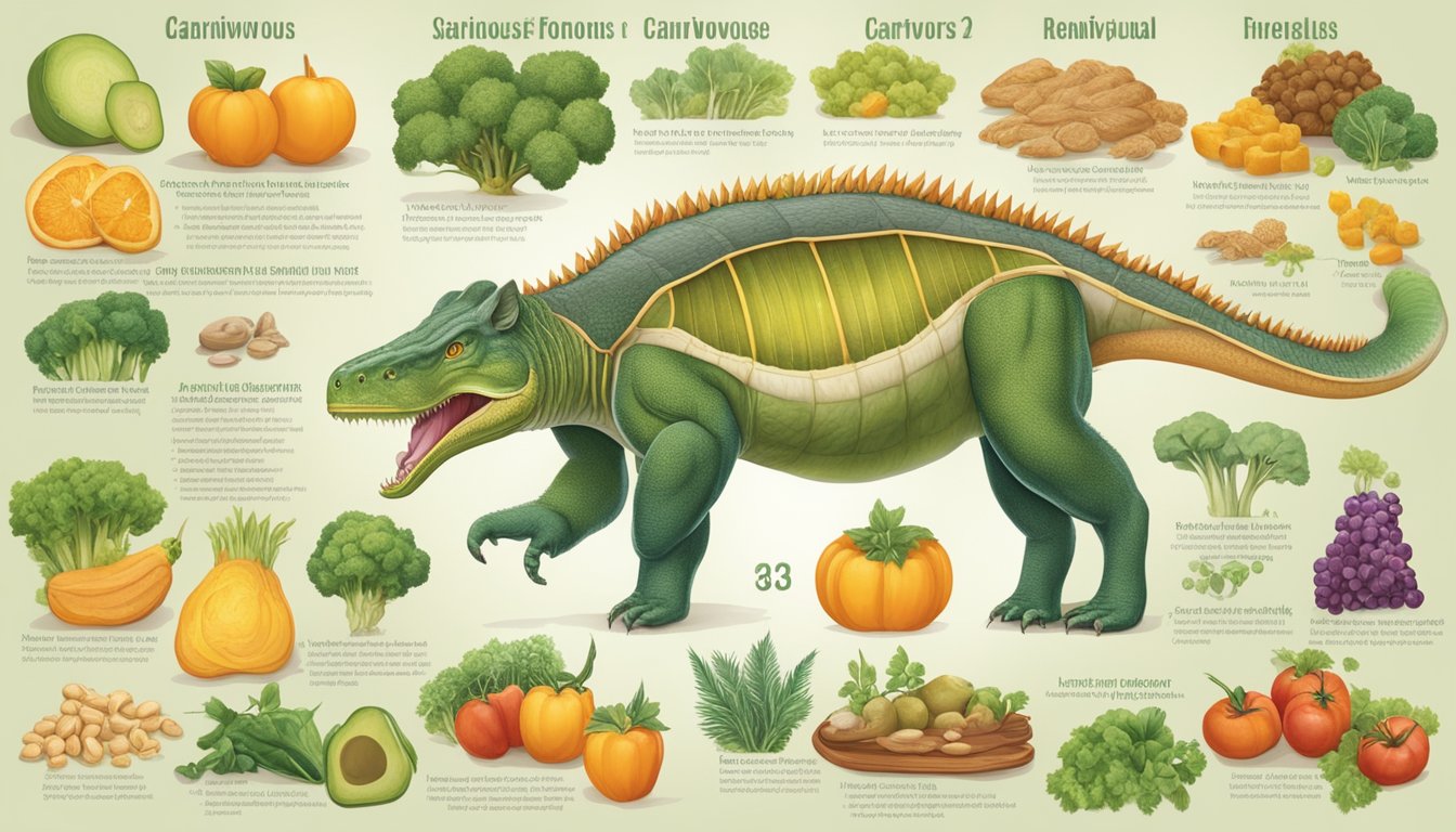 A carnivorous animal surrounded by various nutrient-rich foods and a detailed hormone panel chart