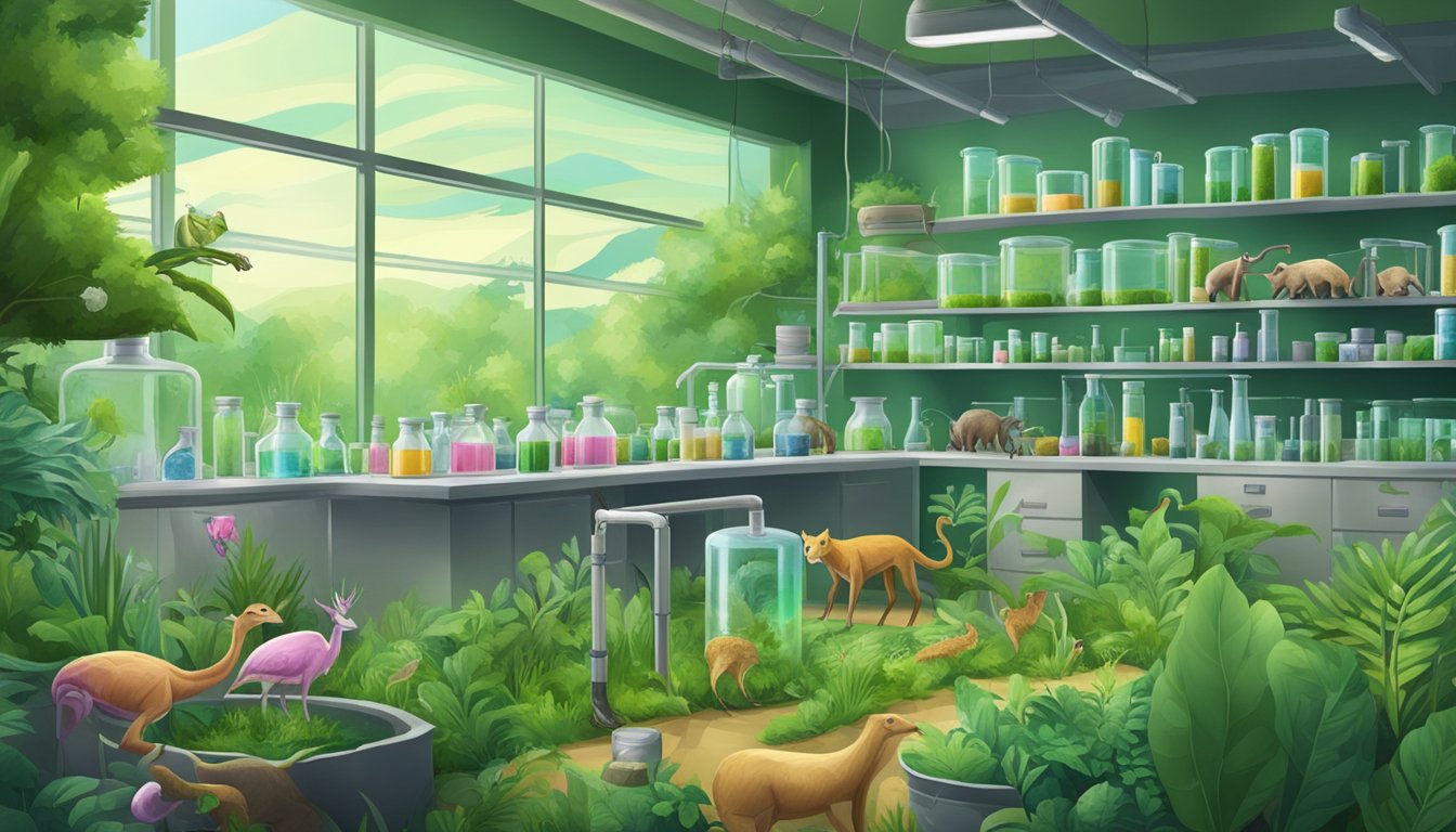 A lush green landscape with a variety of carnivorous animals and a laboratory setting with test tubes and equipment