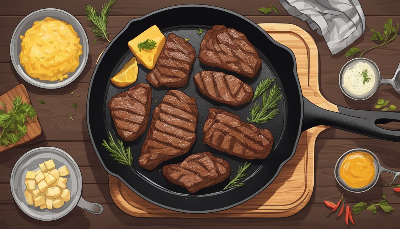 A sizzling steak cooks in a cast iron skillet, surrounded by jars of ghee and piles of fresh meat on a wooden cutting board